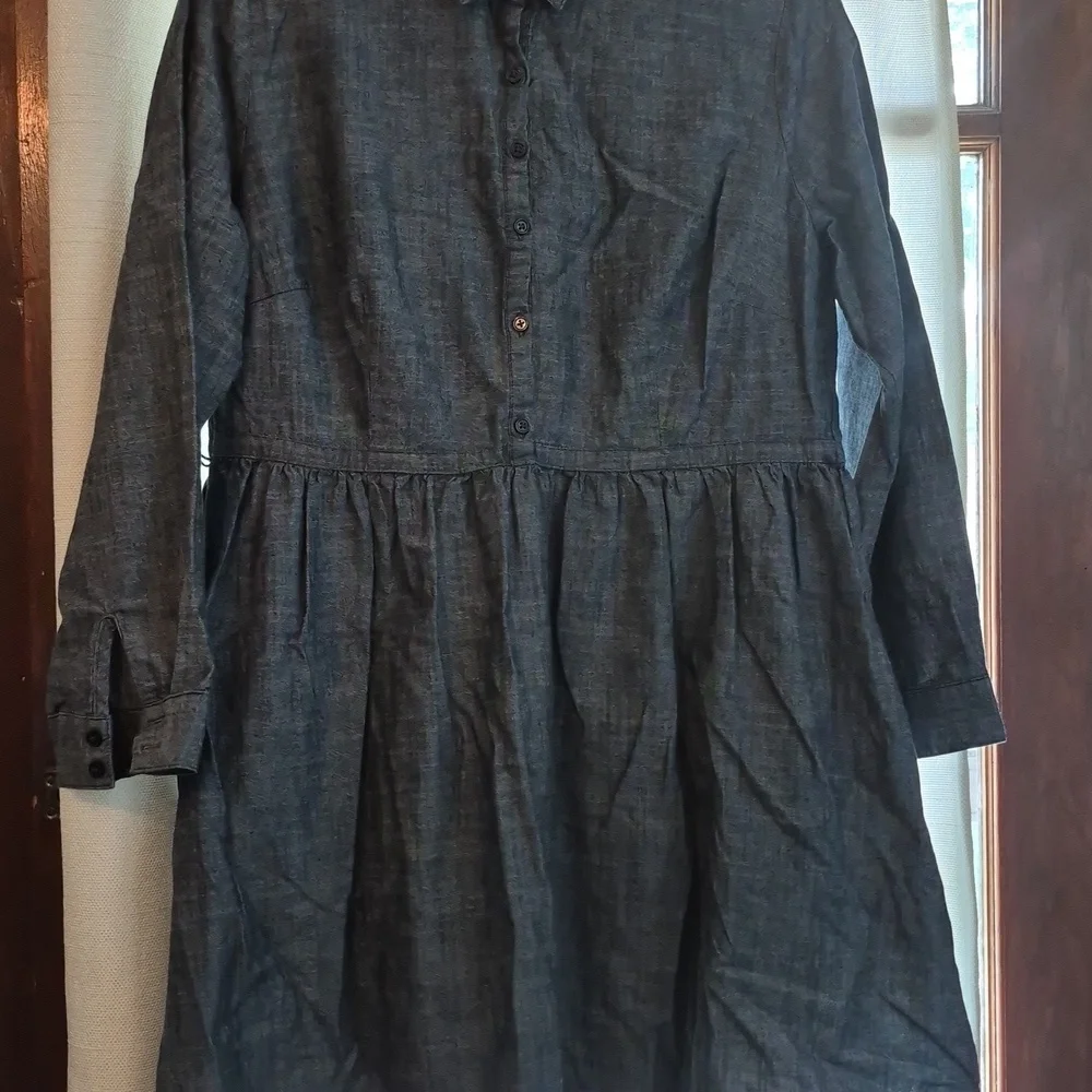 Button Front Lg. Petite Babydoll Blue Chambray Shirtdress Cotton Dress Mini - Picture 4 of 9